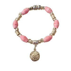 Silvertone Pink Paper Bead Magnetic Clasp Bracelet Sand Dollar Charm 7.75"